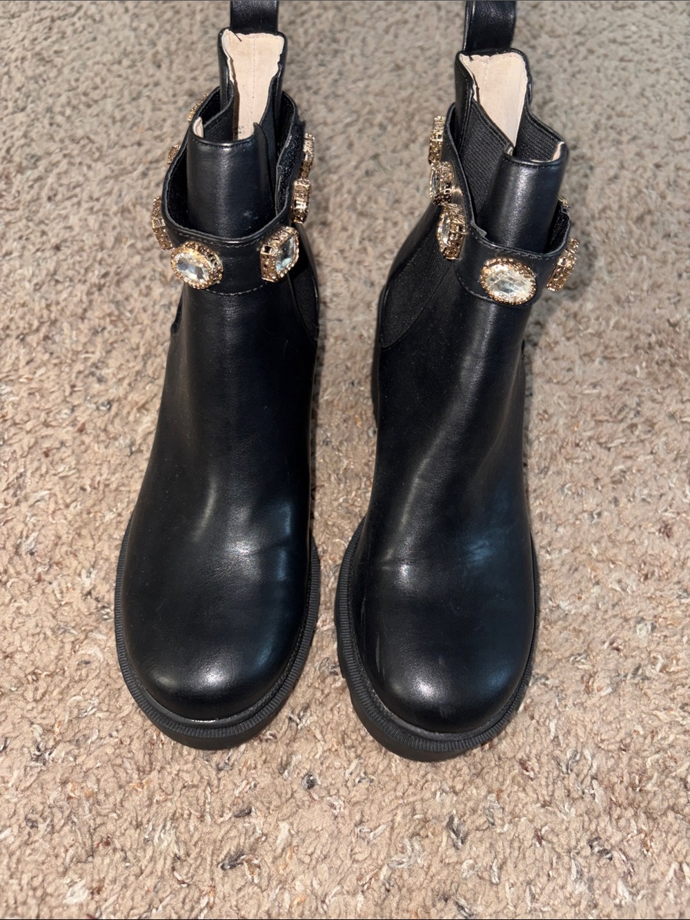 Steve Madden Black Ankle Chelsea Boots with Gold Jeweled Straps